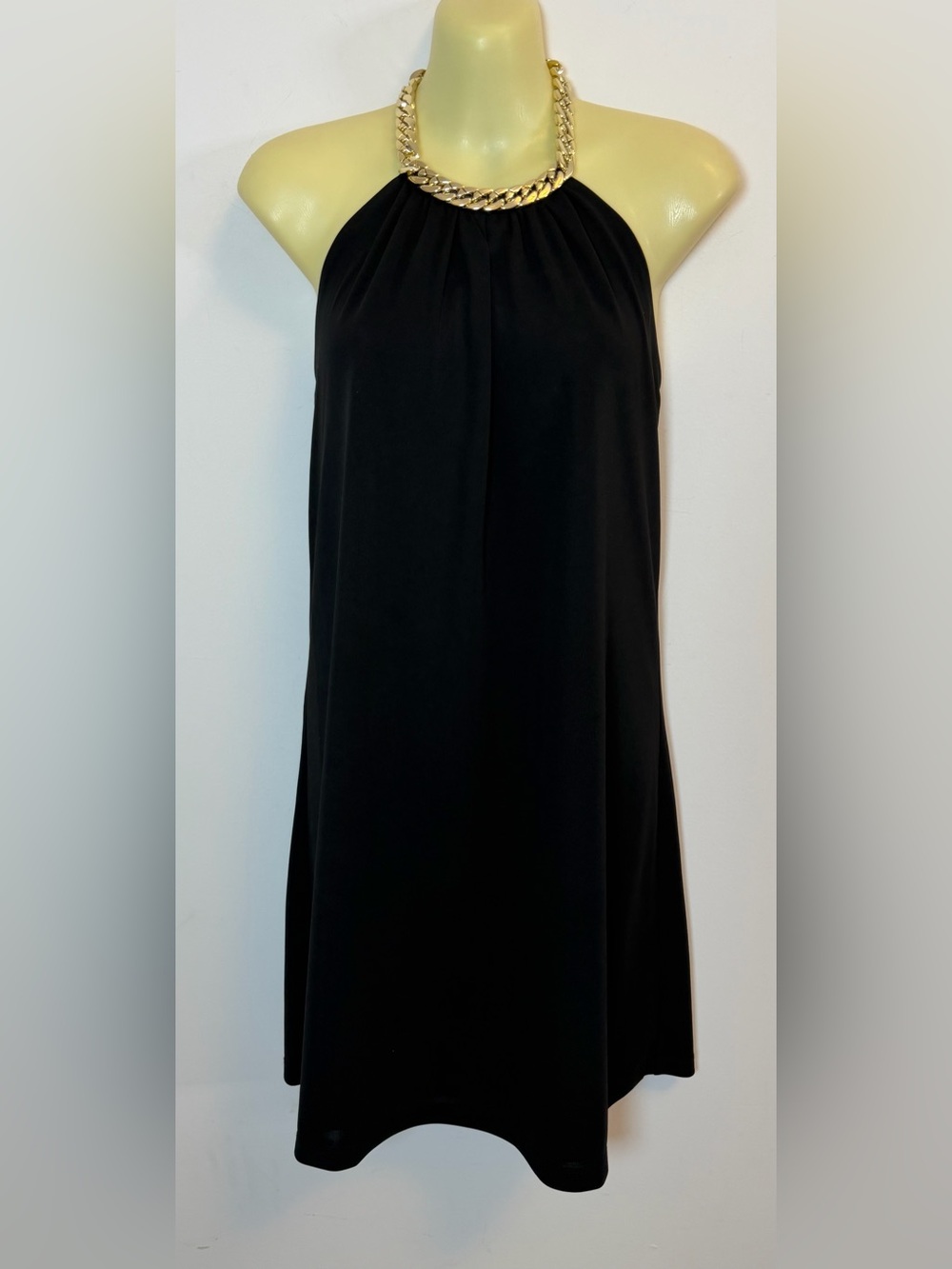 Boston Proper Black Mini Dress with Gold Chain Neck